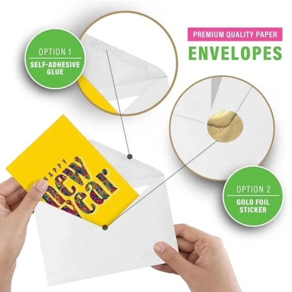 Happy New Year Cards Boxed Set 16 with Envelopes, Gold Seal Stickers 6.75